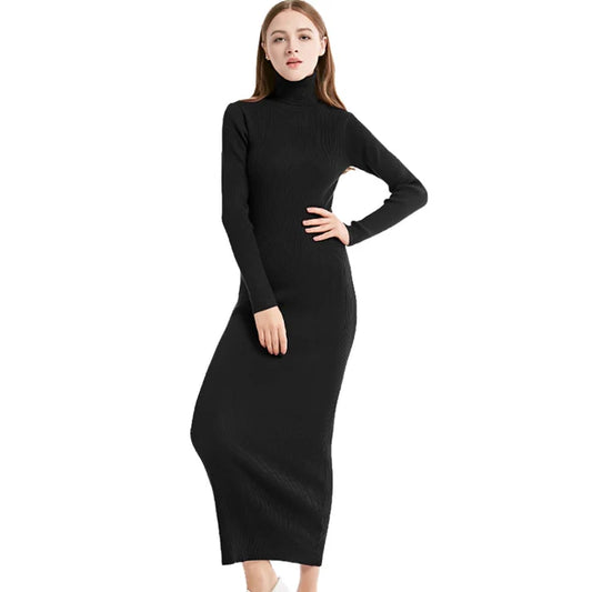 knitted turtle neck bodycon dress