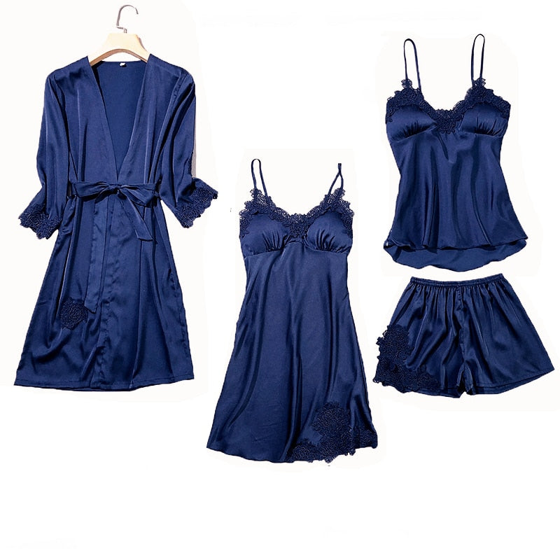 Satin Lace Pyjamas Set Navy Blue Set - B