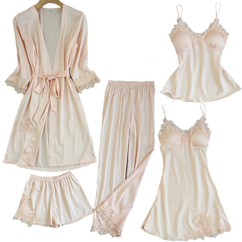 Satin Lace Pyjamas Set Champagne Set - A