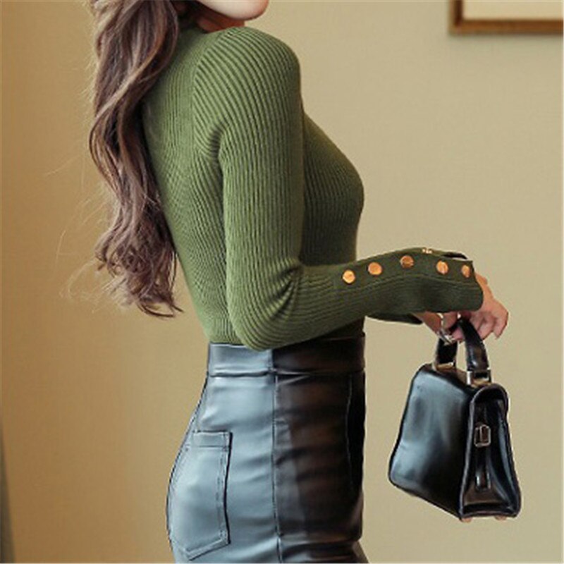 Ribbed long sleeve button detail knitted top