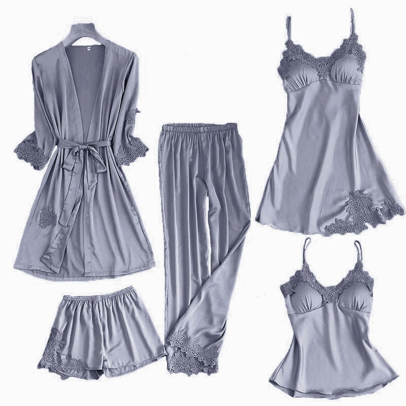 Satin Lace Pyjamas Set Gray Set - A