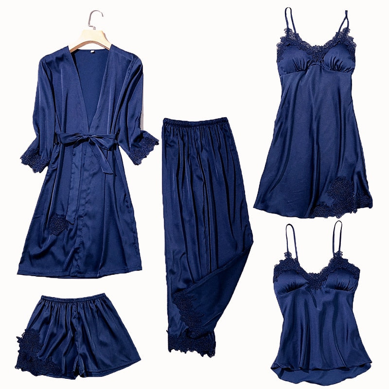 Satin Lace Pyjamas Set Navy Blue Set - A