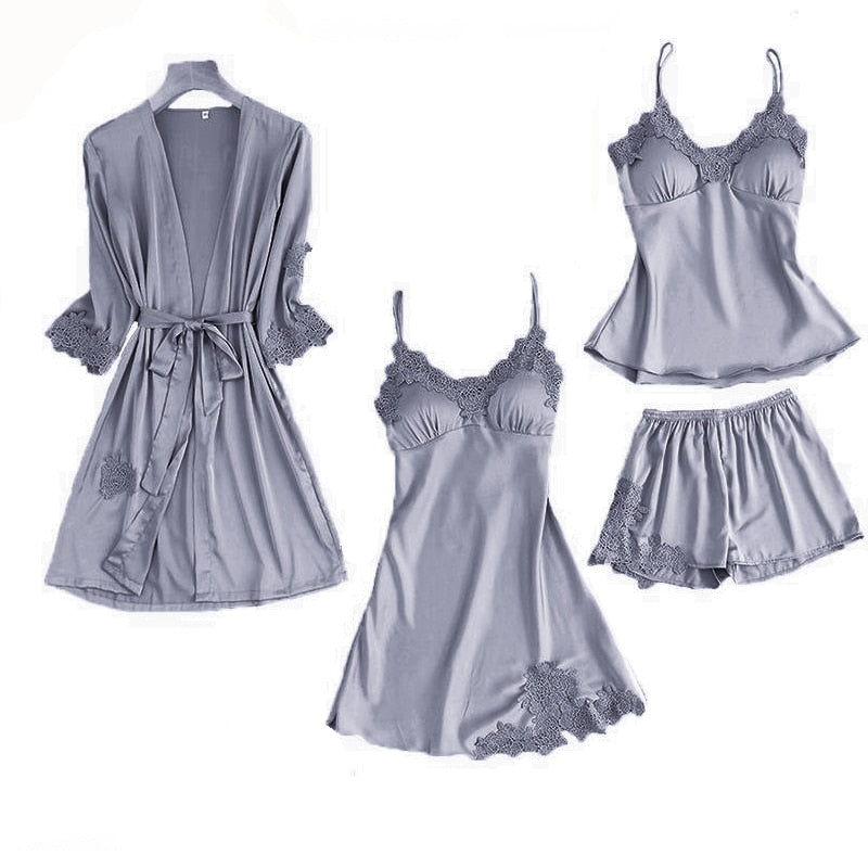 Satin Lace Pyjamas Set Gray Set - B