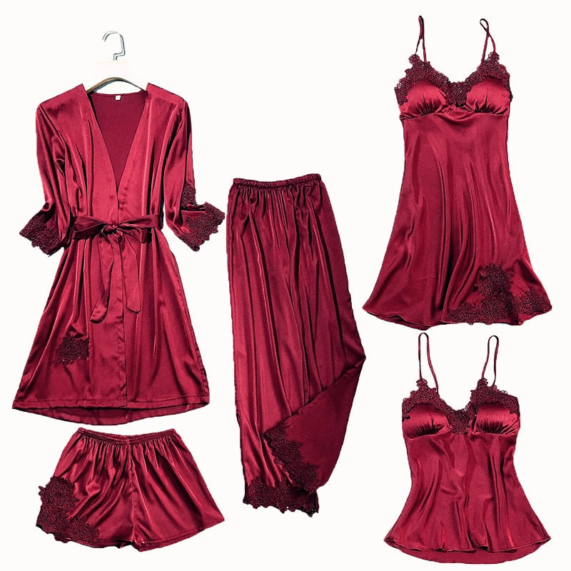 Satin Lace Pyjamas Set Burgundy Set - A