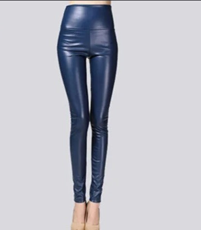 Women Thin Velvet PU Leather Pants Navy Blue