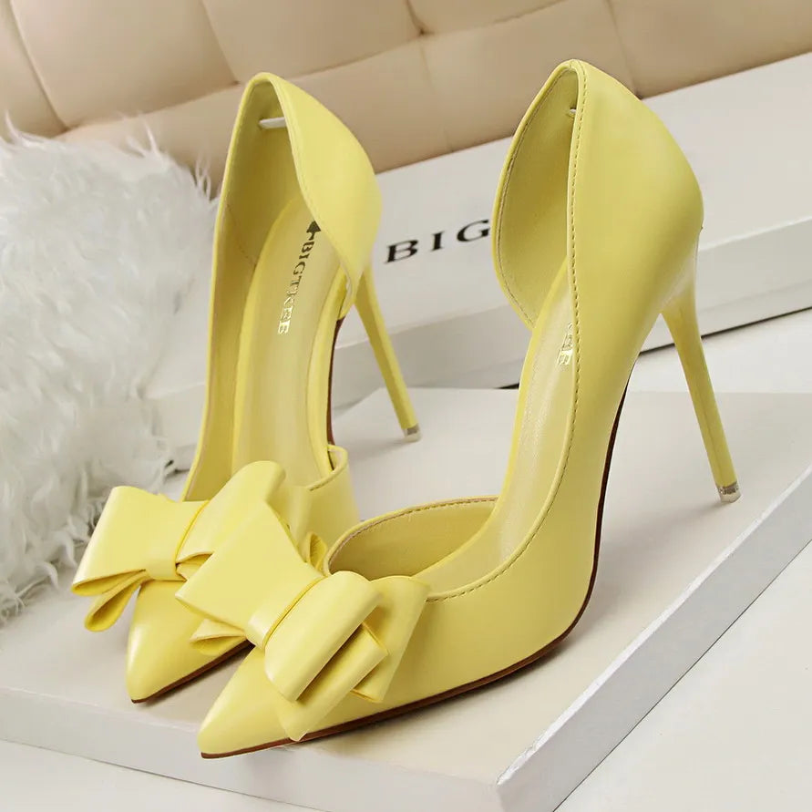 Bow pointed Stiletto high Heel Shoes Yellow10.5cm