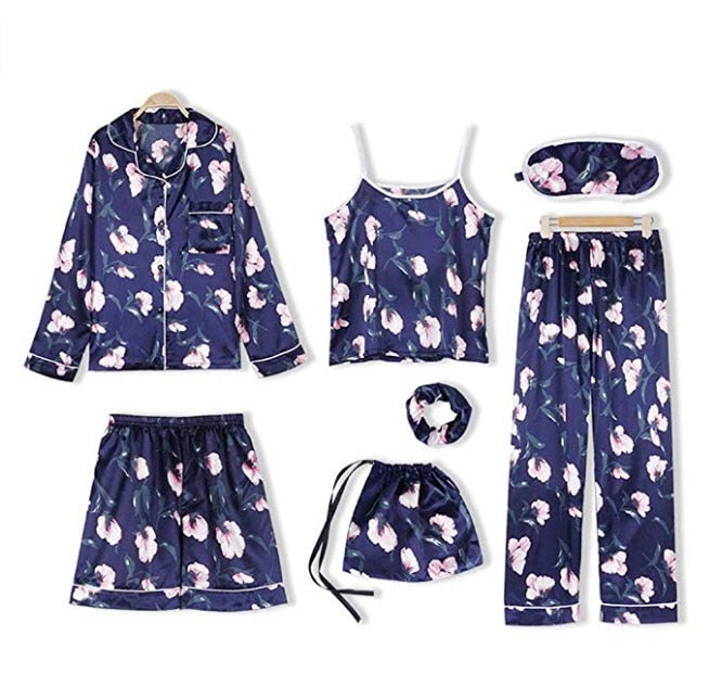 Women's 7 Pieces Pink Pajamas Sets 7jain hua navy