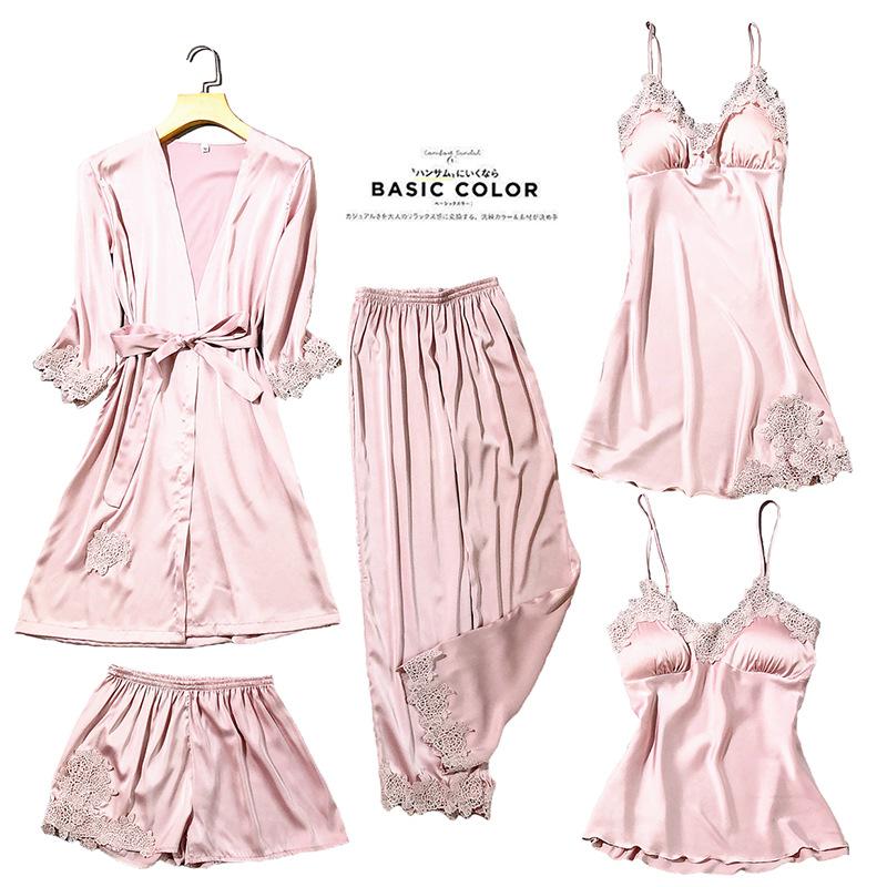 Satin Lace Pyjamas Set Pink Set - A