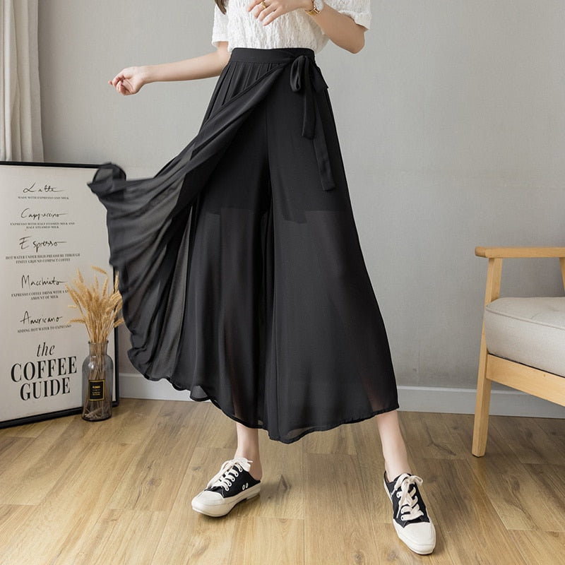 New Style Korean Women Pleated Chiffon Trousers Black