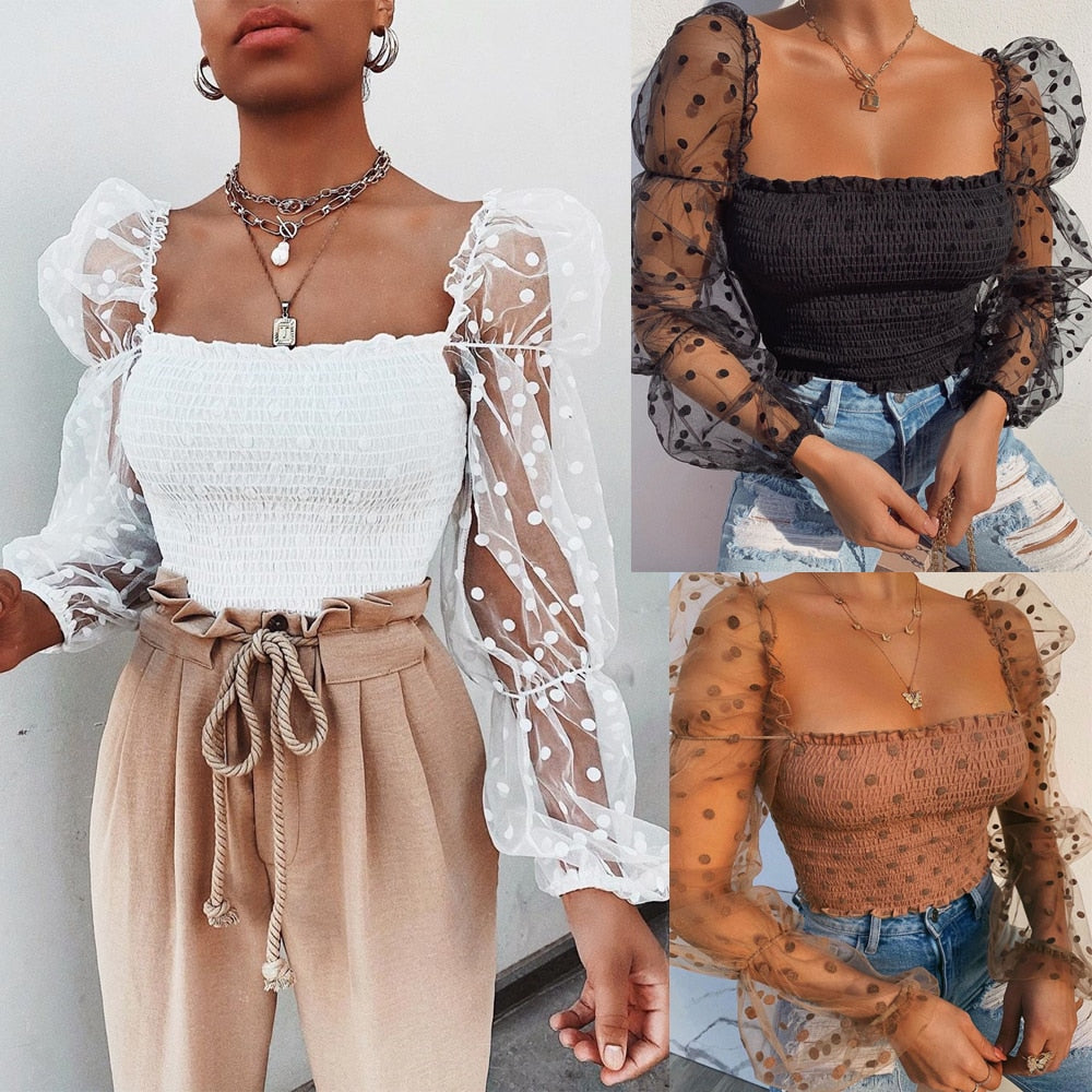 Women Mesh Sheer Blouse Chiffon Long Sleeve finest Shirt