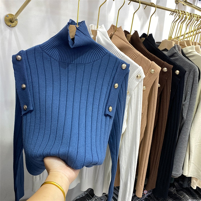 Long sleeve turtle neck Knitted with button detail sweater Finest top