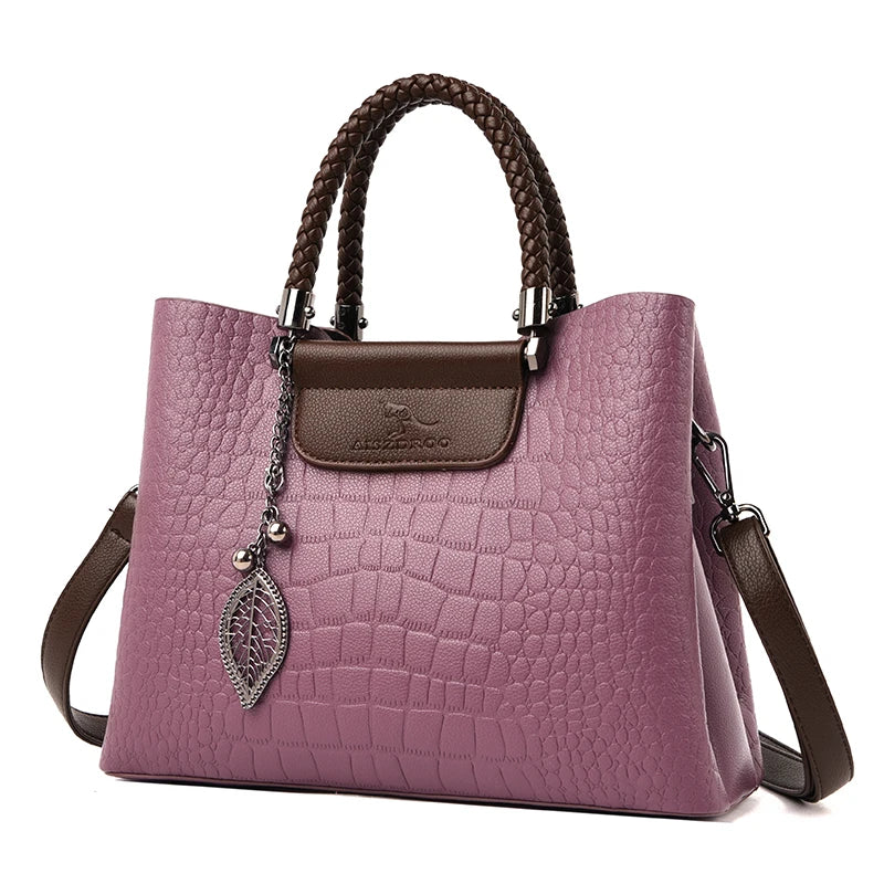 3 Layers pu leather animal texture handbag Purple