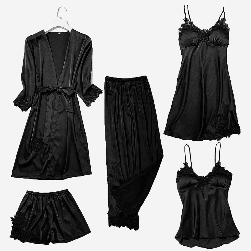 Satin Lace Pyjamas Set Black Set - A