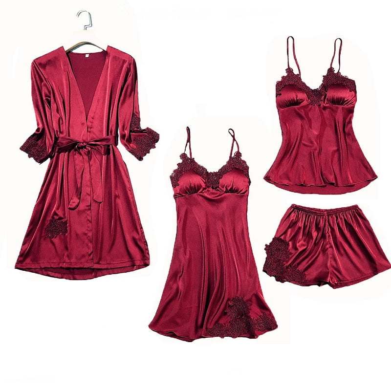 Satin Lace Pyjamas Set Burgundy Set - B