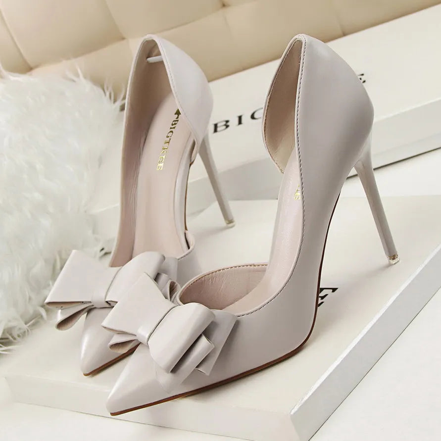 Bow pointed Stiletto high Heel Shoes Grey10.5cm