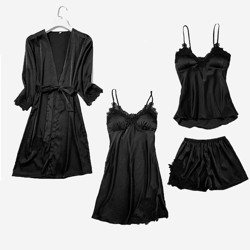 Satin Lace Pyjamas Set Black Set - B