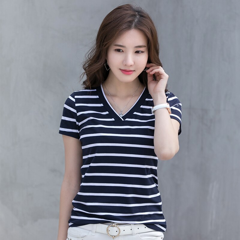 White, blue V-neck Short-sleeved Striped Shirt