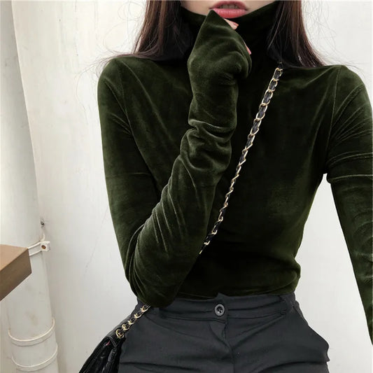 New design Women Long Sleeve turtleneck velvety Top