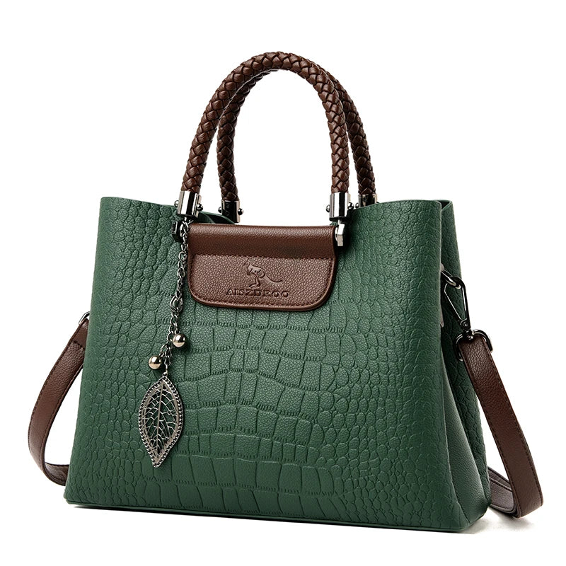 3 Layers pu leather animal texture handbag Green