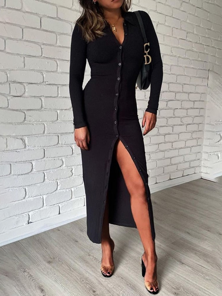 Long Sleeve Button front split Knitted Dress