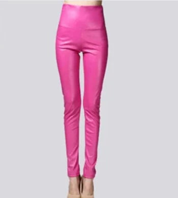 Women Thin Velvet PU Leather Pants Rose red