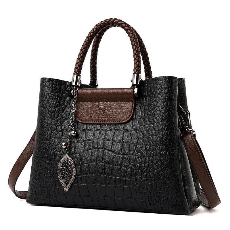 3 Layers pu leather animal texture handbag Black