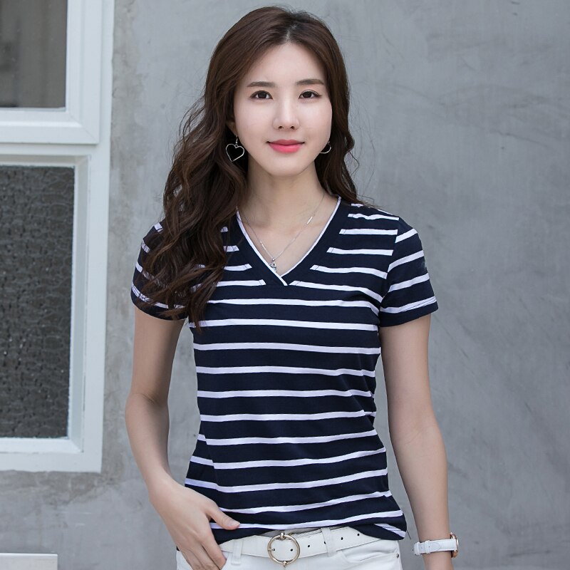 V-neck Short-sleeved Striped Shirt