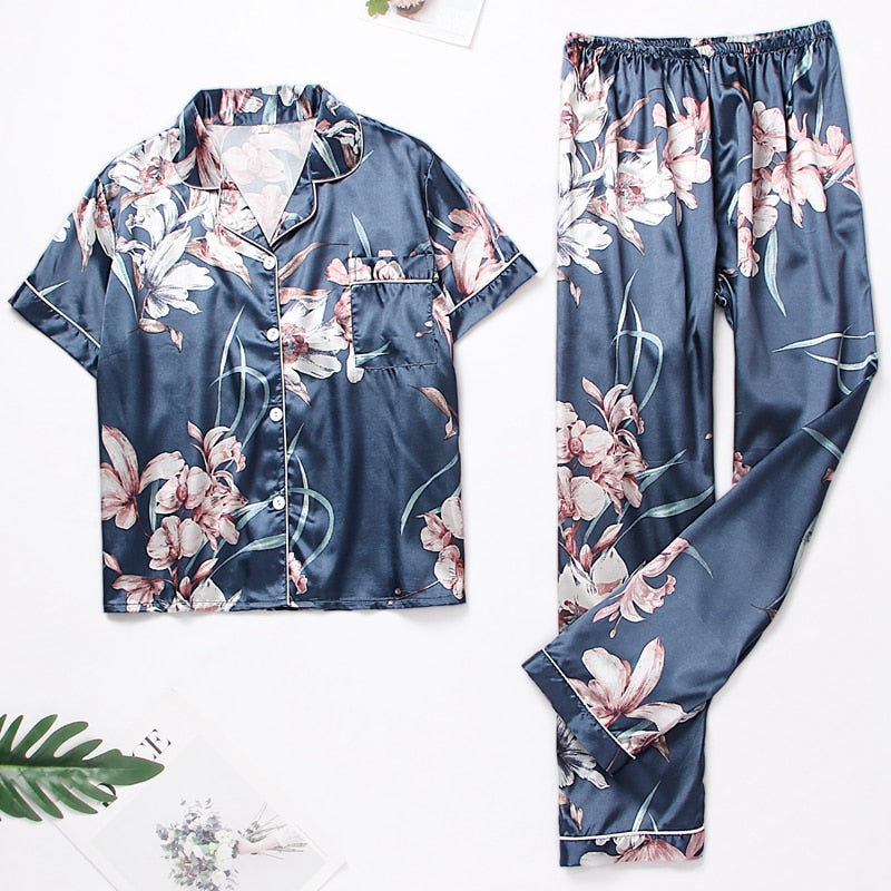 Women Floral Printing Lapel Button Shirt With Trousers BB Navy