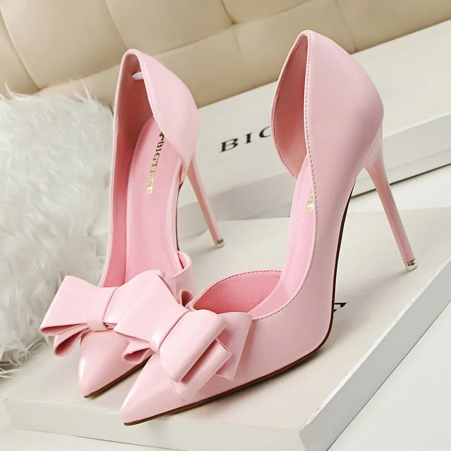 Bow pointed Stiletto high Heel Shoes Pink10.5cm