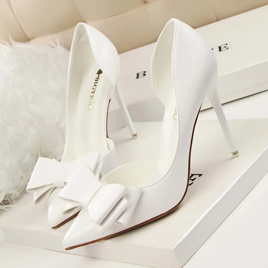 Bow pointed Stiletto high Heel Shoes White10.5cm