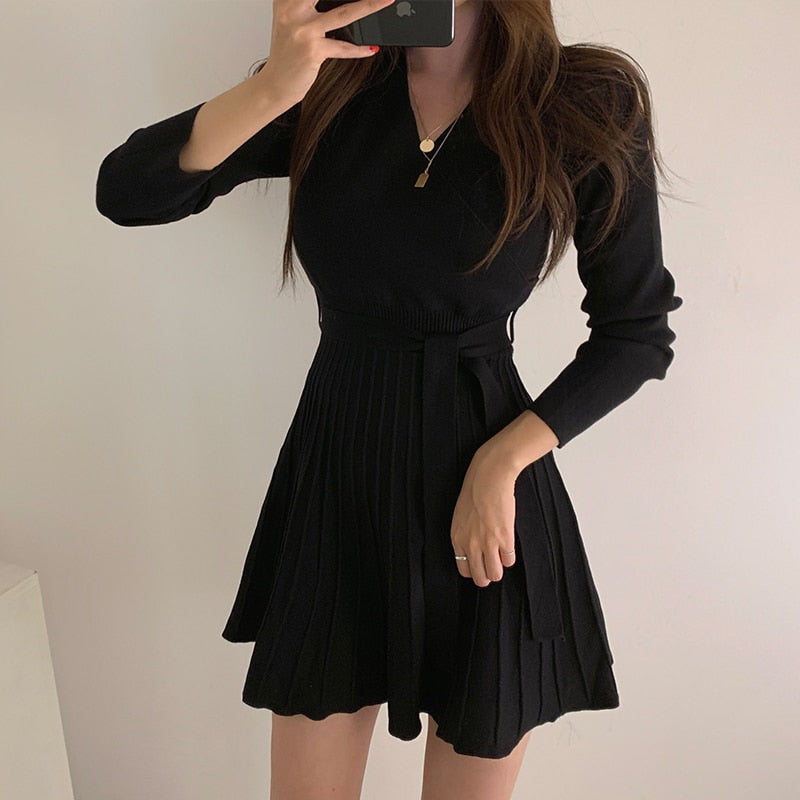 Wrap belt Knitted Dress Black One Size