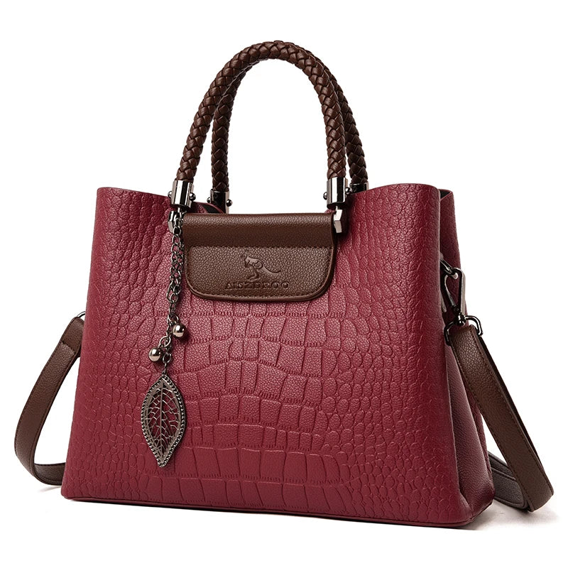 3 Layers pu leather animal texture handbag Wine Red