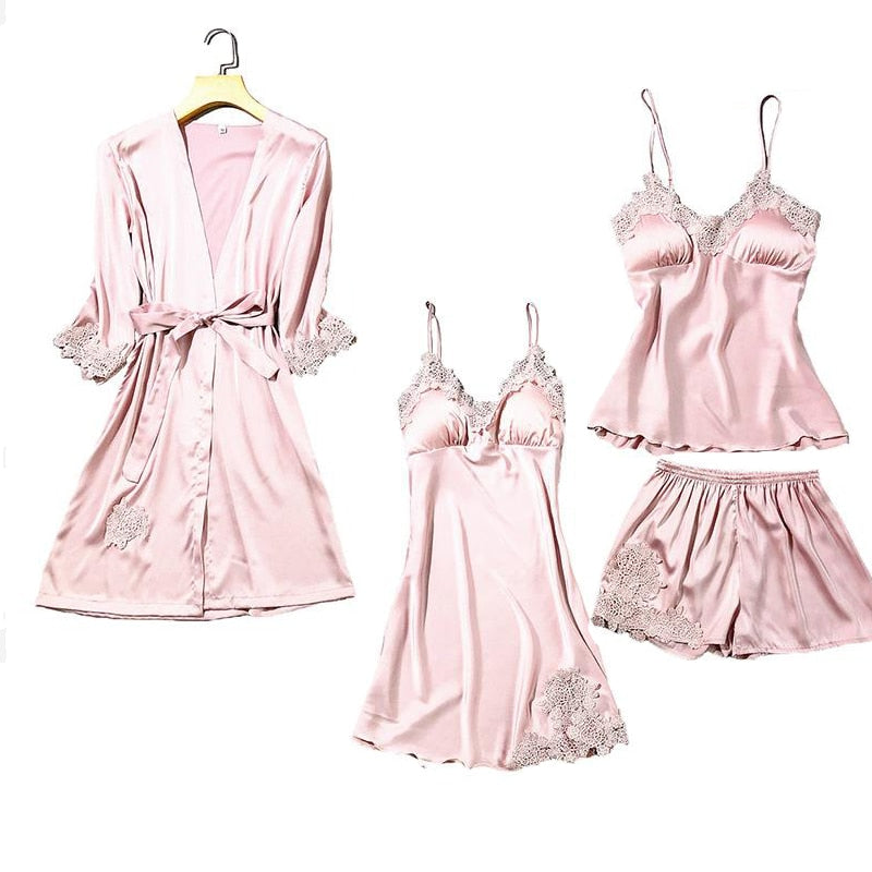 Satin Lace Pyjamas Set Pink Set - B