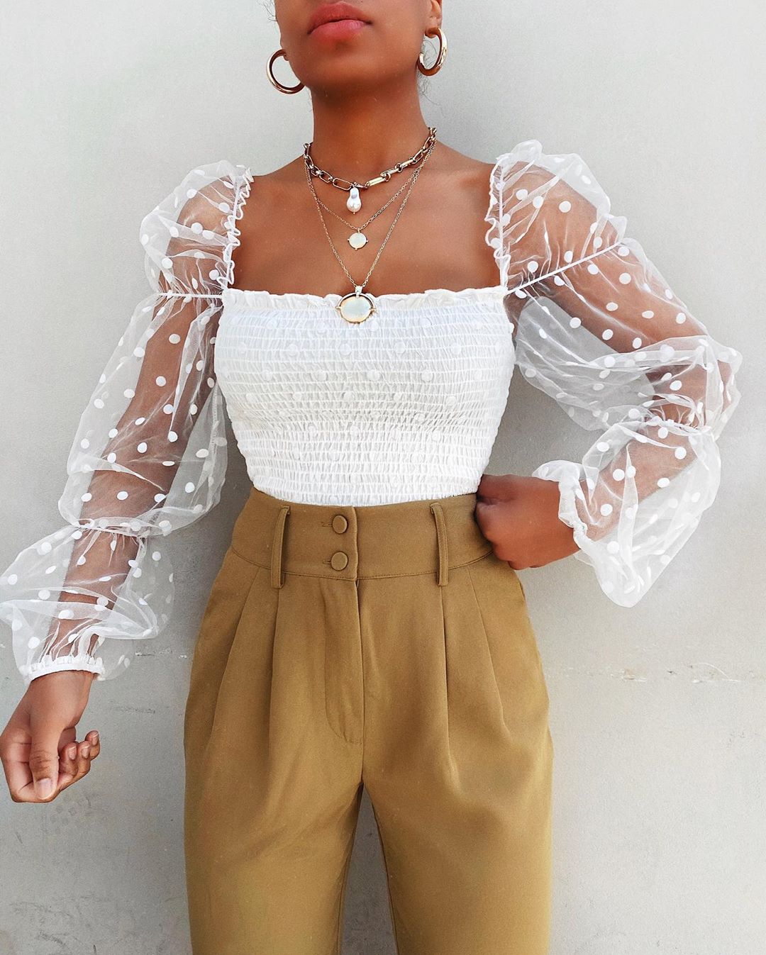 Women Mesh Sheer Blouse Chiffon Long Sleeve Shirt