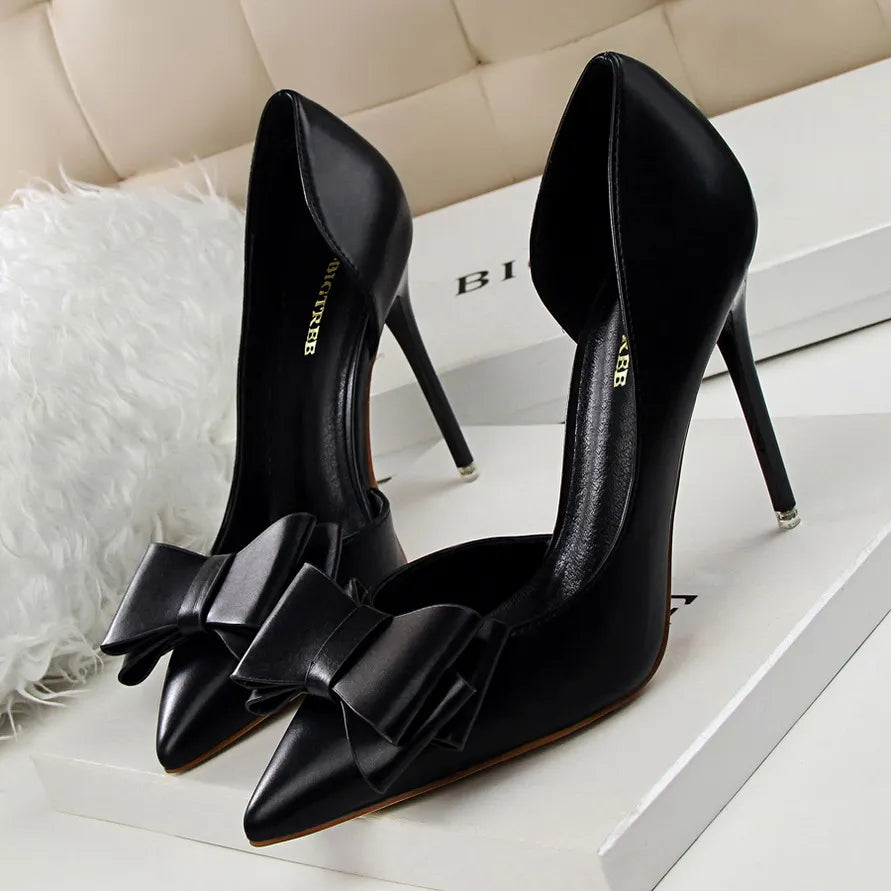 Bow pointed Stiletto high Heel Shoes Black10.5cm