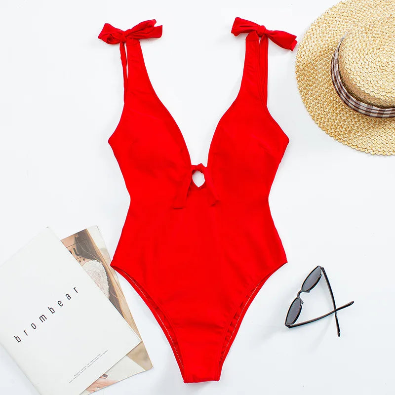 Women Vintage One-piece Halter Bathing Suits red