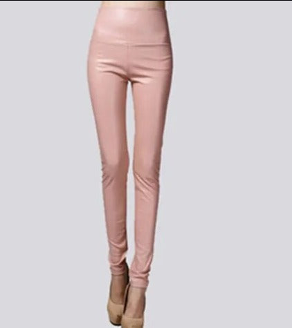 Women Thin Velvet PU Leather Pants Meat pink