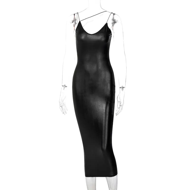 Pu Faux Leather Women Slit Midi Dress