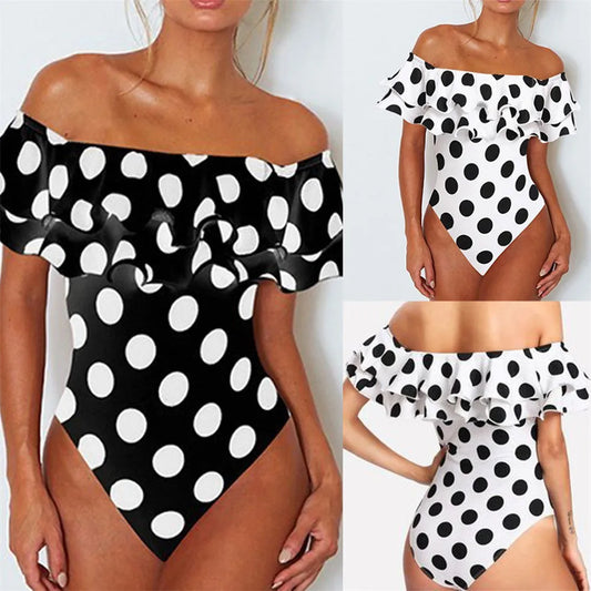 New Sexy Off Shoulder One Piece Black White Swimsuit