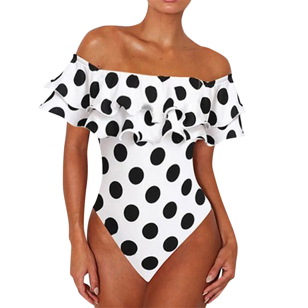 New Sexy Off Shoulder One Piece Black White Swimsuit