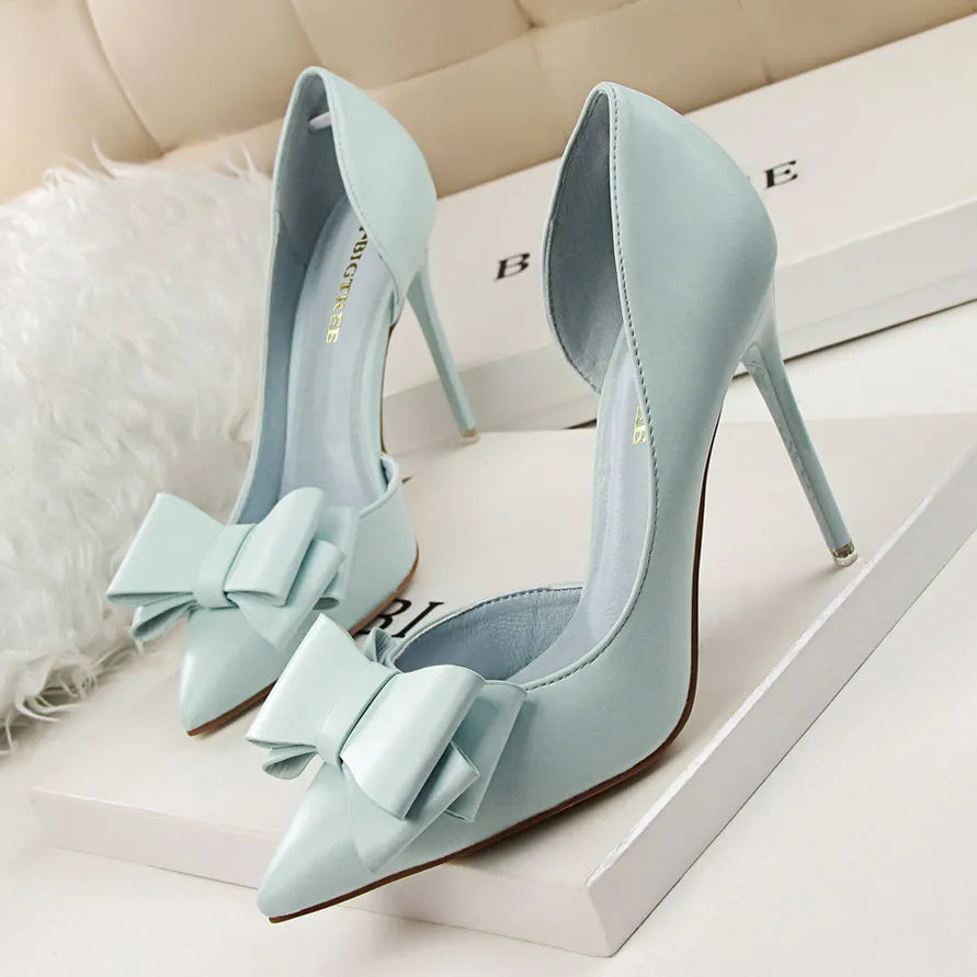 Bow pointed Stiletto high Heel Shoes Blue10.5cm