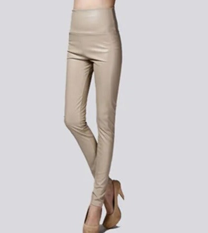 Women Thin Velvet PU Leather Pants nude