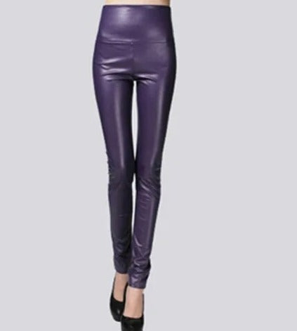 Women Thin Velvet PU Leather Pants Purple