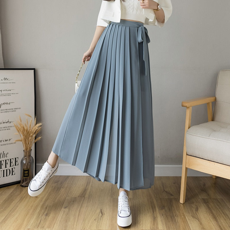 New Style Korean Women Pleated Chiffon Trousers Blue