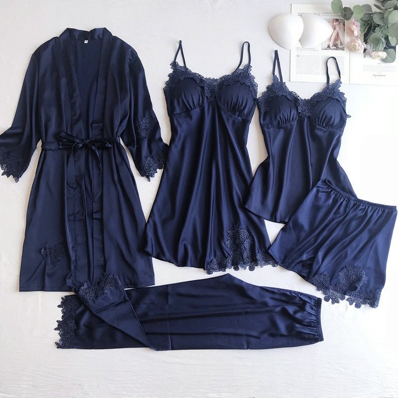 Satin pyjamas set Navy Blue Set - B