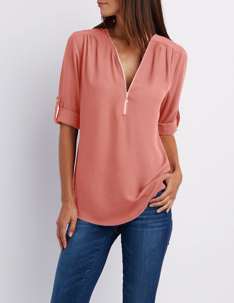 Women Chiffon Blouse Tops Brick red