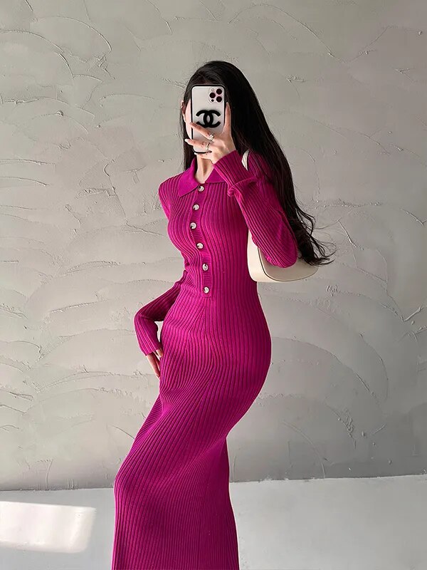 Single Breasted Long-sleeve Knitted Fishtail Dress rose Pink