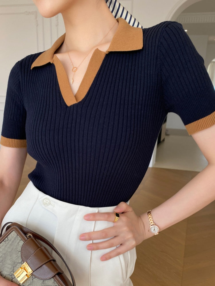 Polo Collar Short Sleeve Blouse Top