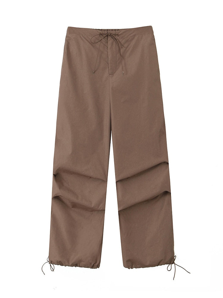 Women Fashion Parachute Cargo Pants Brown