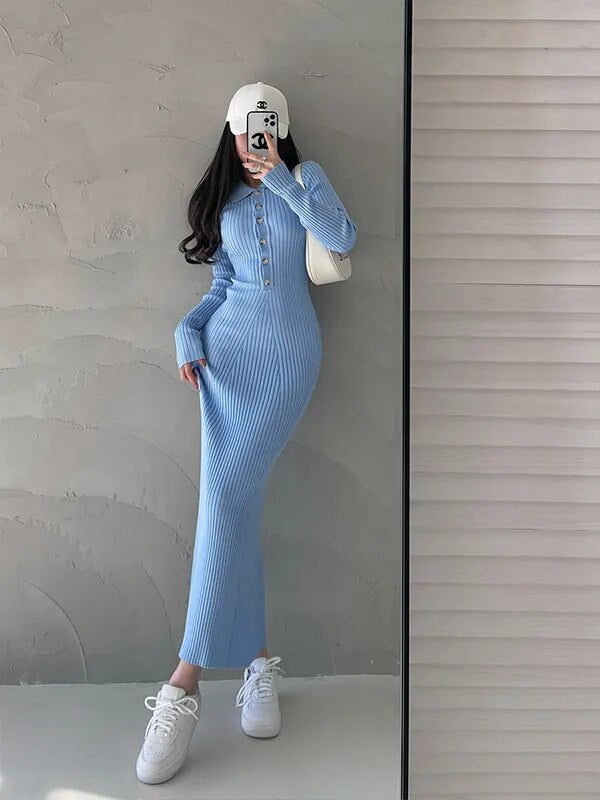 Single Breasted Long-sleeve Knitted Fishtail Dress light Blue